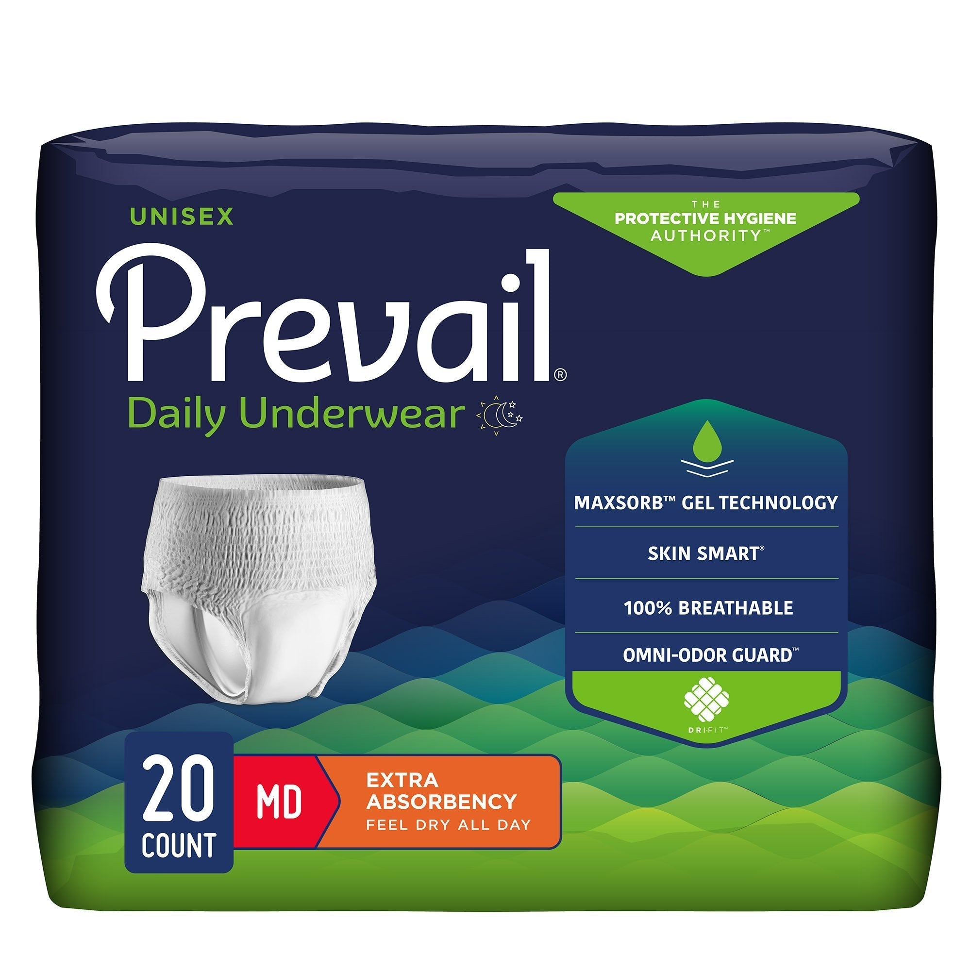 Unisex Adult Absorbent Underwear Prevail Daily Underwear Extra Pull On with Tear Away Seams Medium Disposable Moderate Absorbency
