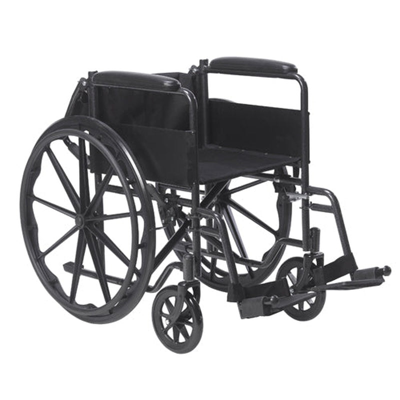 manual wheelchair with fixed full arms and swingaway detachable footrests front angle