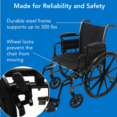 Probasics K3 Lightweight Wheelchair with flip back height adjustable arms and swing-away footrests with heel loops or elevating legrests with composite footplates ,8" x 1" Front 24" Back Wheels ,less than 36 pounds ,16" x 16" ,WC31616DS