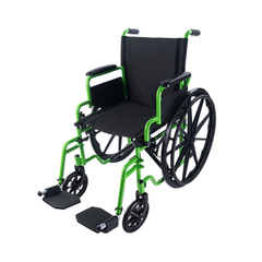 adult green wheelchair with footrests and large rear wheels