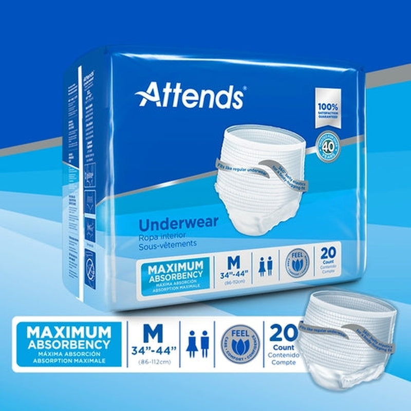 unisex adult absorbent underwear attends pull on with tear away seams medium disposable heavy absorbency packaging type case