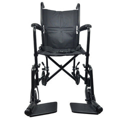 Lightweight folding electric wheelchair front angle view with padded seat