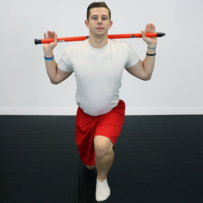 Man doing a lunge with a red 3 lb CanDo WaTE bar