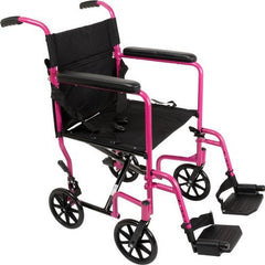 ProBasics pink aluminum transport chair with 19 inch seat, full arms, and elevating legrests