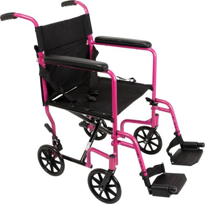ProBasics pink aluminum transport chair with 19 inch seat, full arms, and elevating legrests