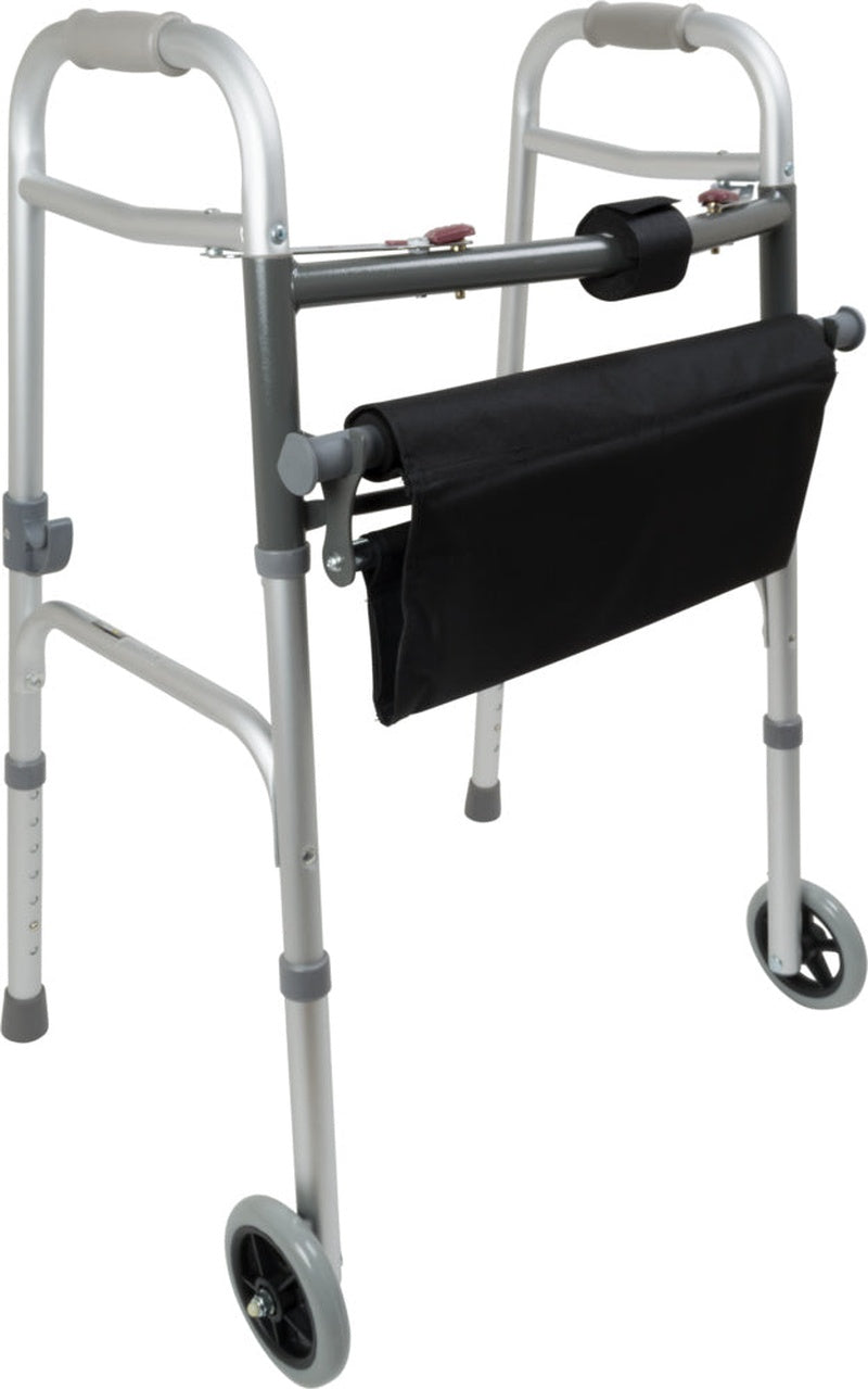 probasics two button folding walker with wheels and roll up seat