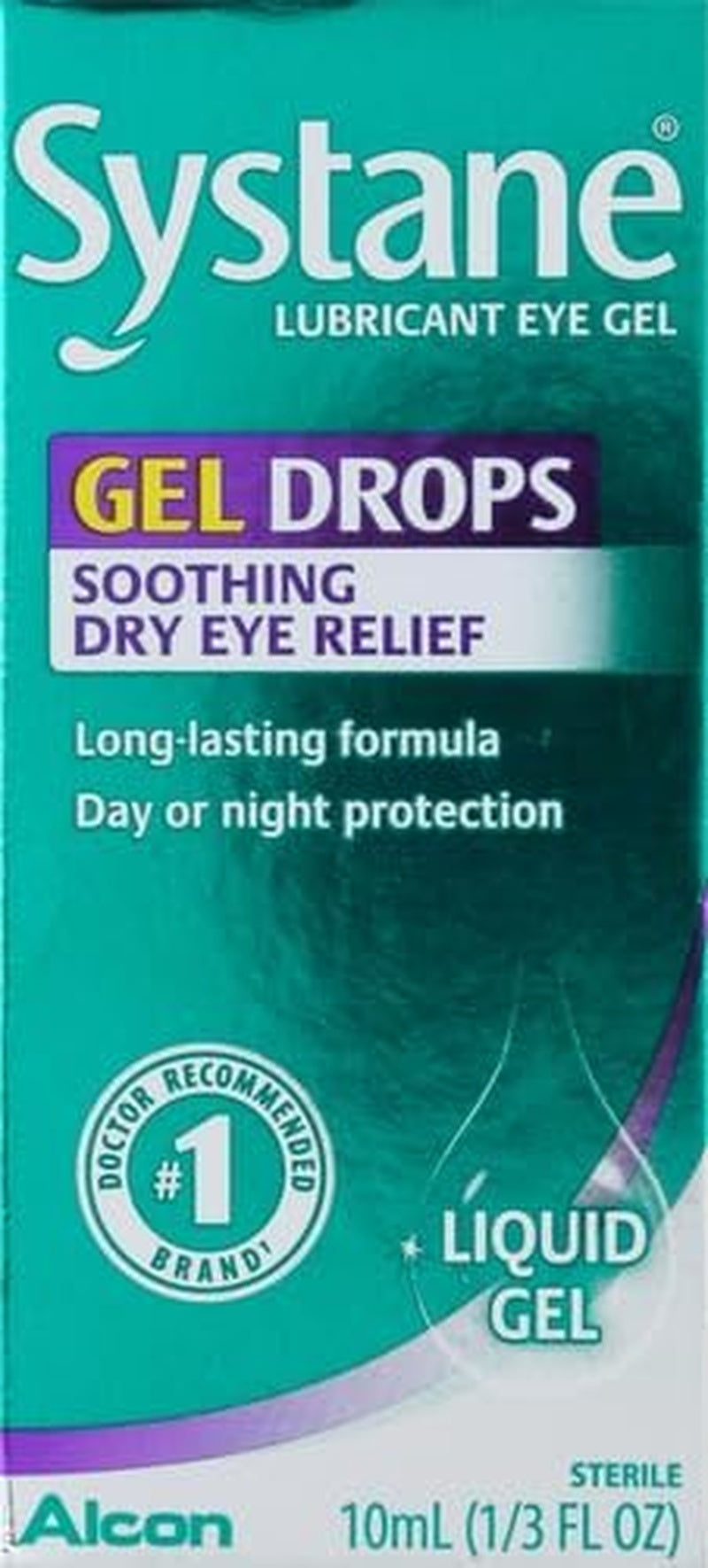 Systane lubricant eye gel packaging with text on a green background