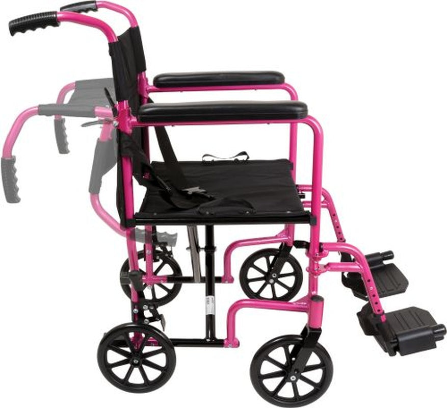ProBasics pink transport chair with elevating legrests side view
