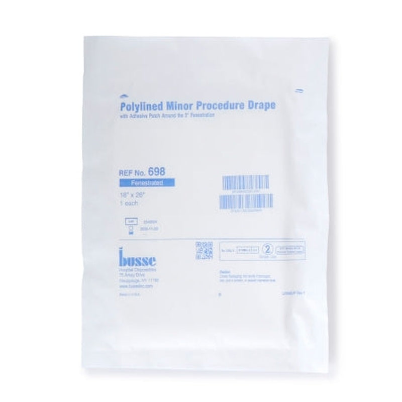 Busse Hospital Disposables Poly Lined Towel Drape – White Sterile Fenestrated with Adhesive, 18 x 26 Inch (Box of 50)