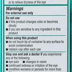 Drug facts label for eye drops with active ingredients, uses, warnings, and directions.