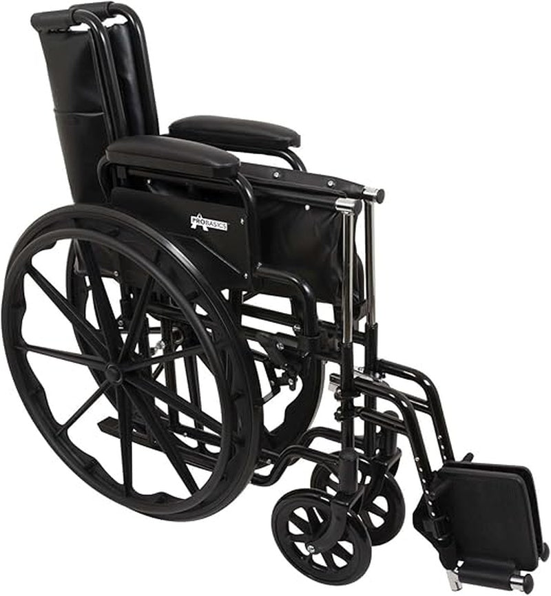 Probasics K2 Wheelchair with flip back removable padded armrests and Elevating Leg rest ,8" x 1" Front 24" Back Wheels ,300 lbs Weight Capacity ,16" x 16" ,WC21616DE