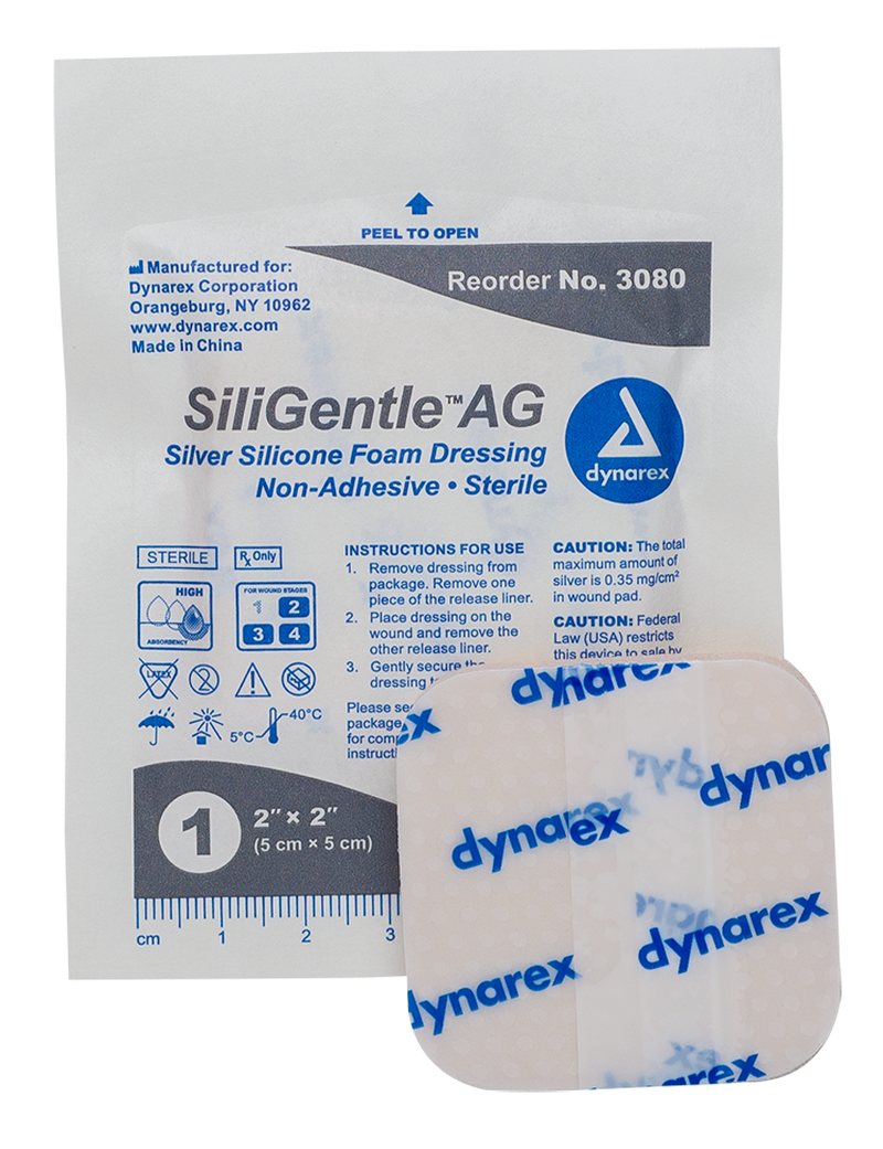 dynarex siligentle ag silver silicone foam dressing