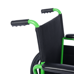 manual wheelchair with large rear wheels and foldable footrests, left angle