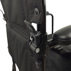 Lightweight power wheelchair footrest and frame detail close-up