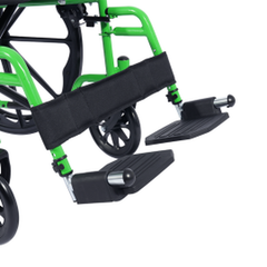 adult green wheelchair with adjustable footrests, side perspective