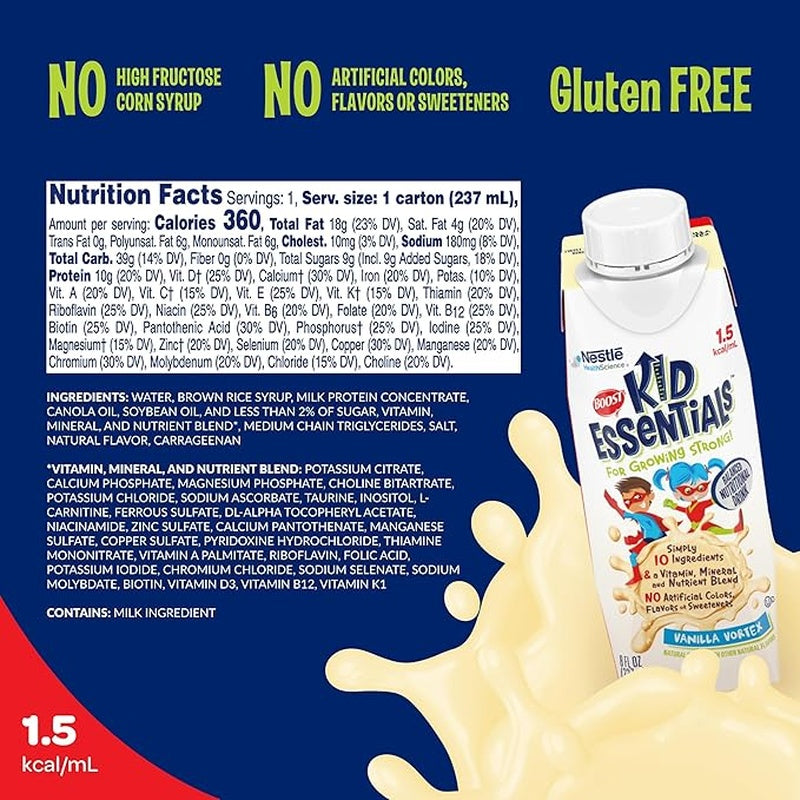 pediatric oral supplement boost kid essentials 1 5 vanilla vortex flavor 8 oz carton liquid vitamins minerals packaging type case