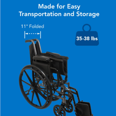 Probasics K3 Lightweight Wheelchair with flip back height adjustable arms and swing-away footrests with heel loops or elevating legrests with composite footplates ,8" x 1" Front 24" Back Wheels ,less than 36 pounds ,16" x 16" ,WC31616DS