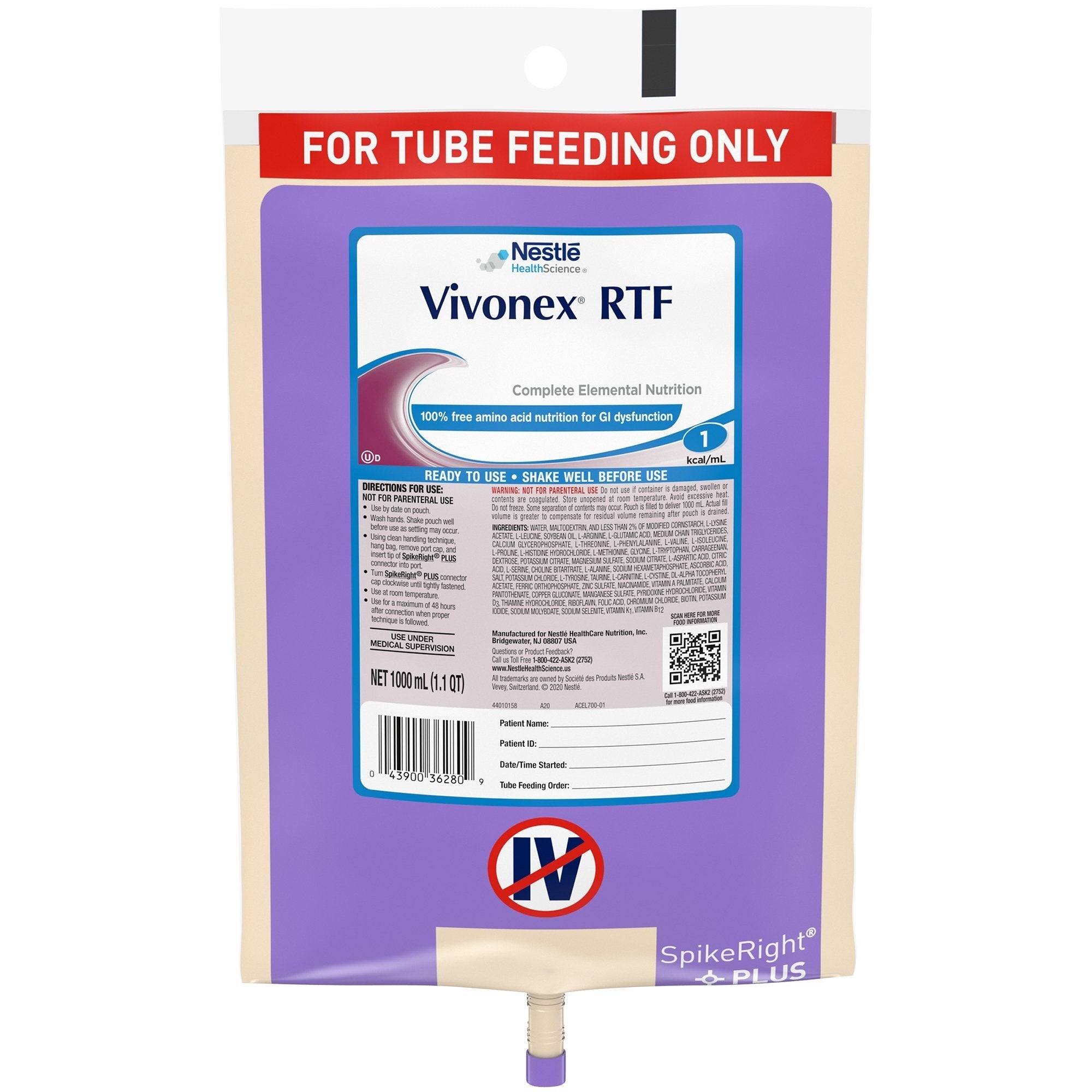 Tube Feeding Formula Vivonex RTF Unflavored Liquid 1000 mL Ready to Hang Prefilled Container
