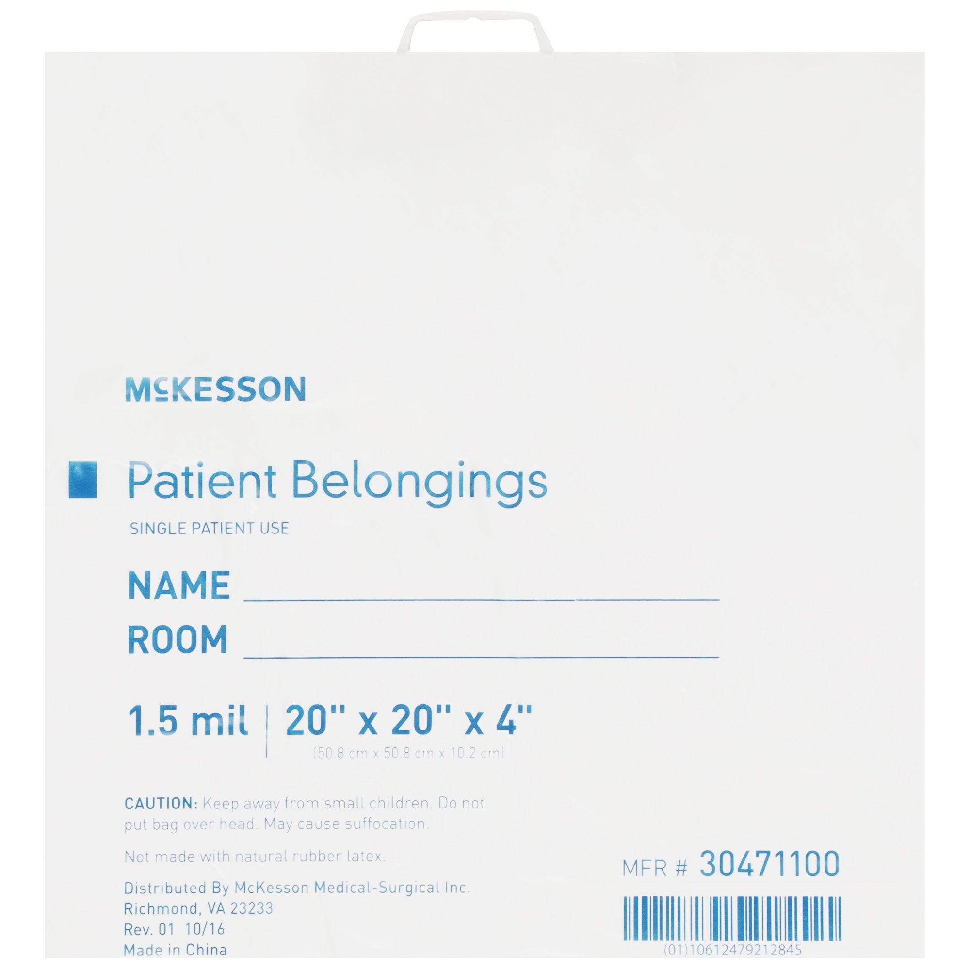 Patient Belongings Bag McKesson 4 X 20 X 20 Inch Polyethylene Snap Closure White