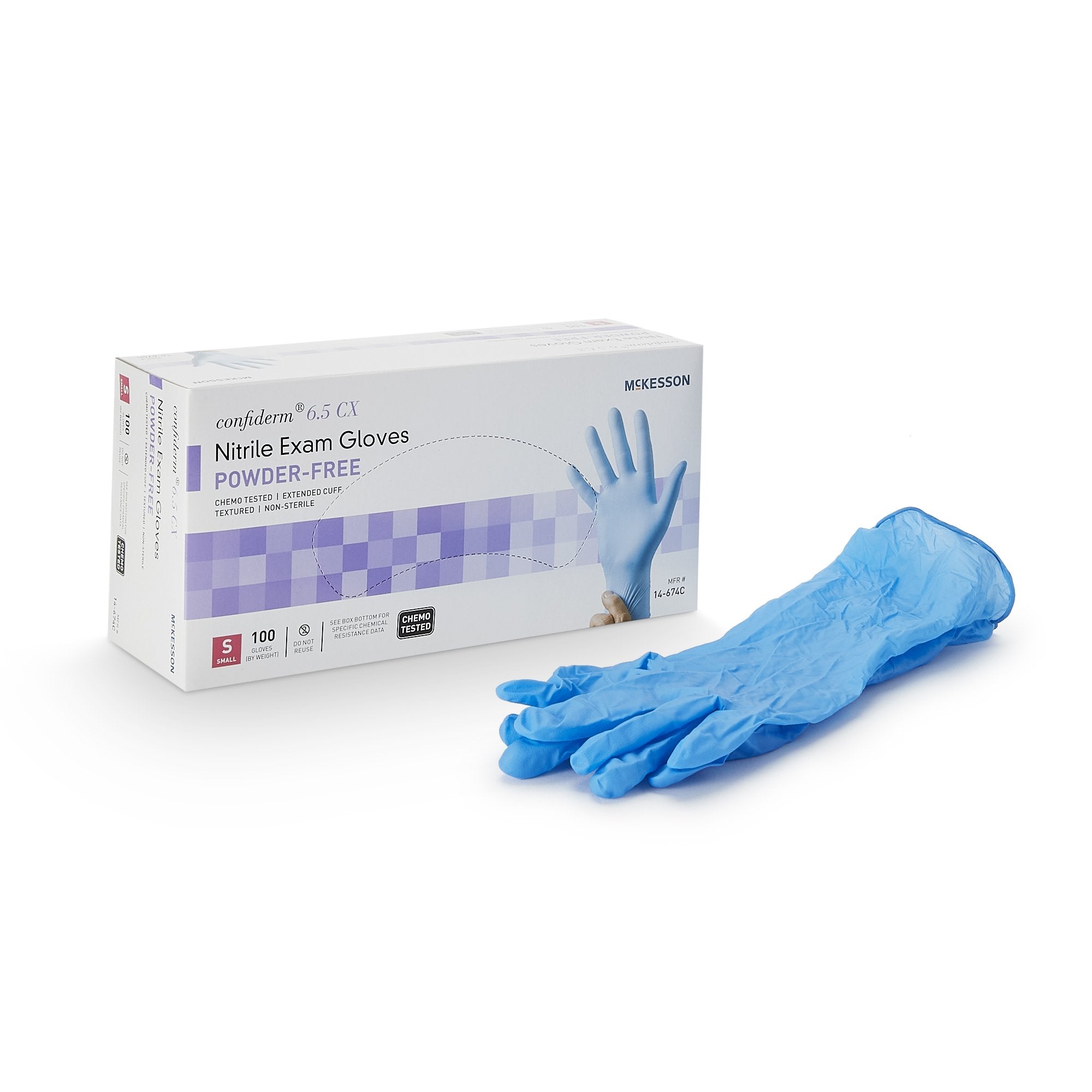 Guante de examen McKesson Confiderm 6.5CX pequeño, no estéril, de nitrilo, con puño extendido y puntas de los dedos texturizadas, color azul, probado para quimioterapia.