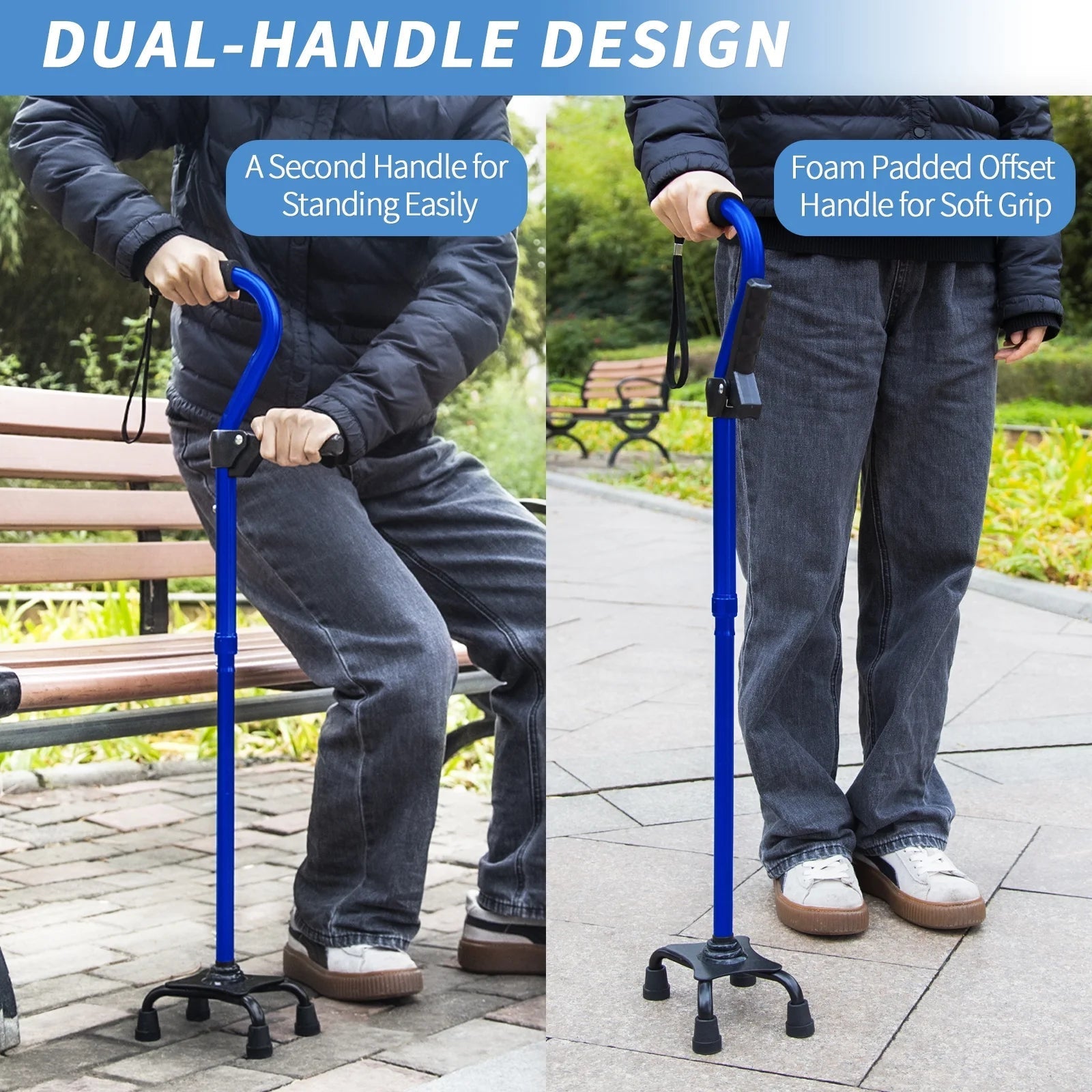 Walking Cane for Elderly Blue 4 Pronged Base Foldable Second Handle