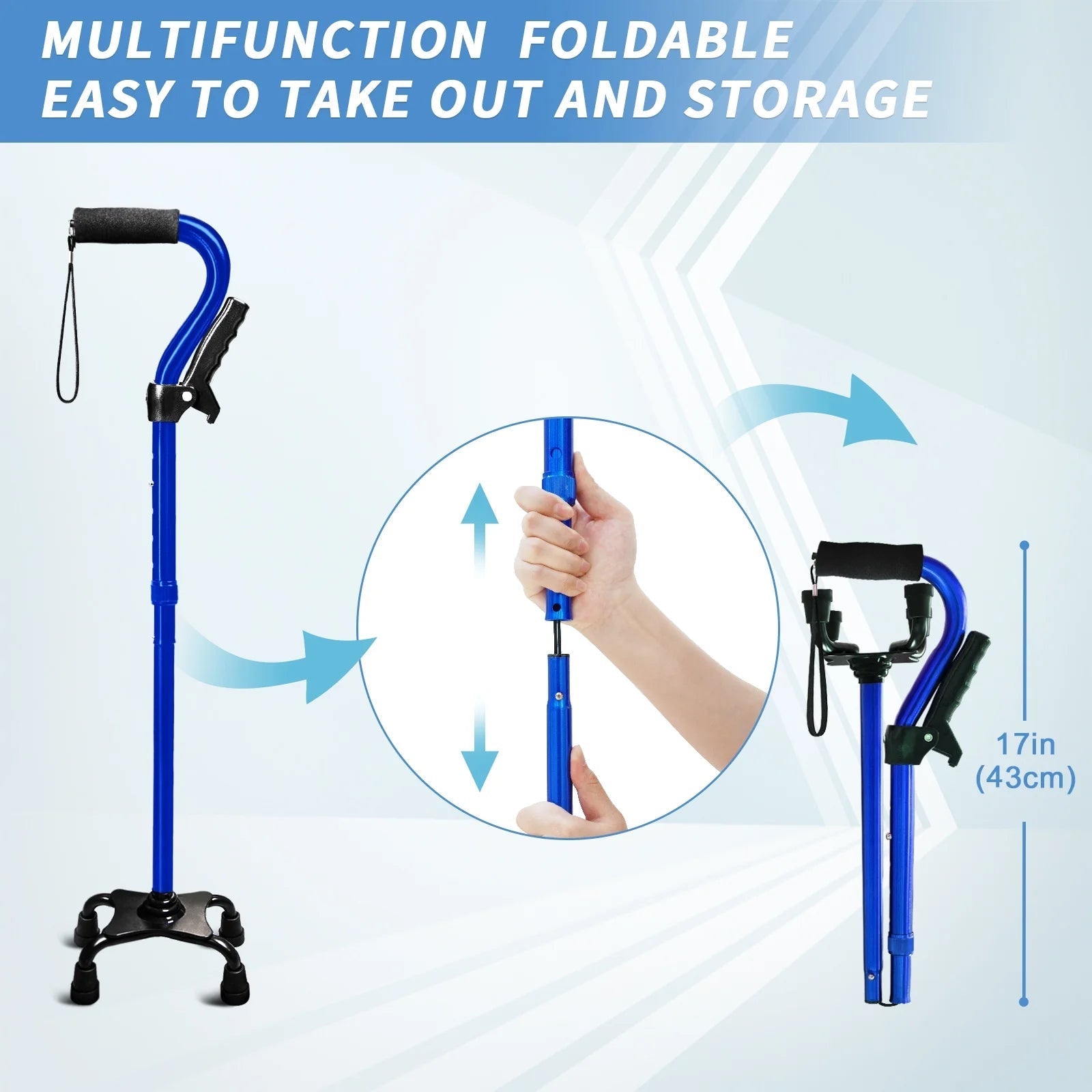 Walking Cane for Elderly Blue 4 Pronged Base Foldable Second Handle