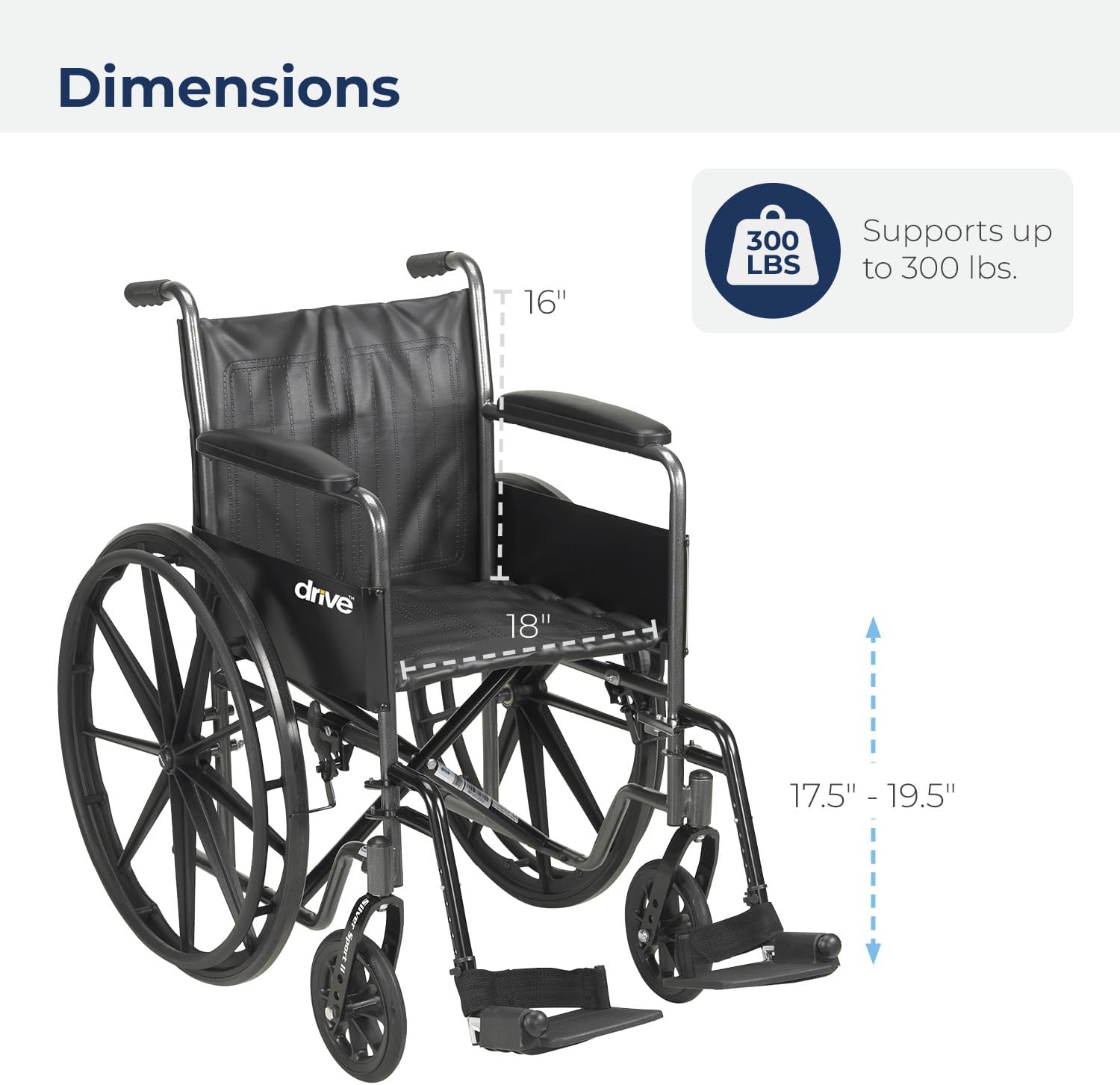 Drive Medical Wheelchair – Fixed Arms, Swing-Away Elevating Leg Rests, 8" Front Wheels, 300 lb Capacity, Model 10965C
