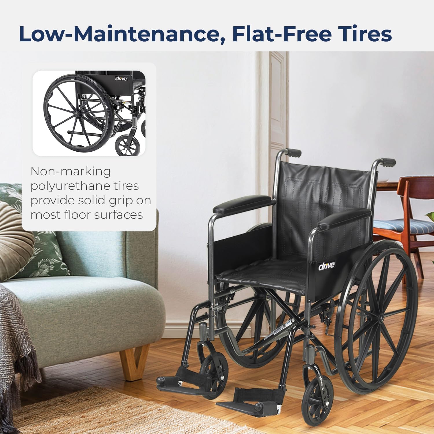 Drive Medical Wheelchair – Fixed Arms, Swing-Away Elevating Leg Rests, 8" Front Wheels, 300 lb Capacity, Model 10965C