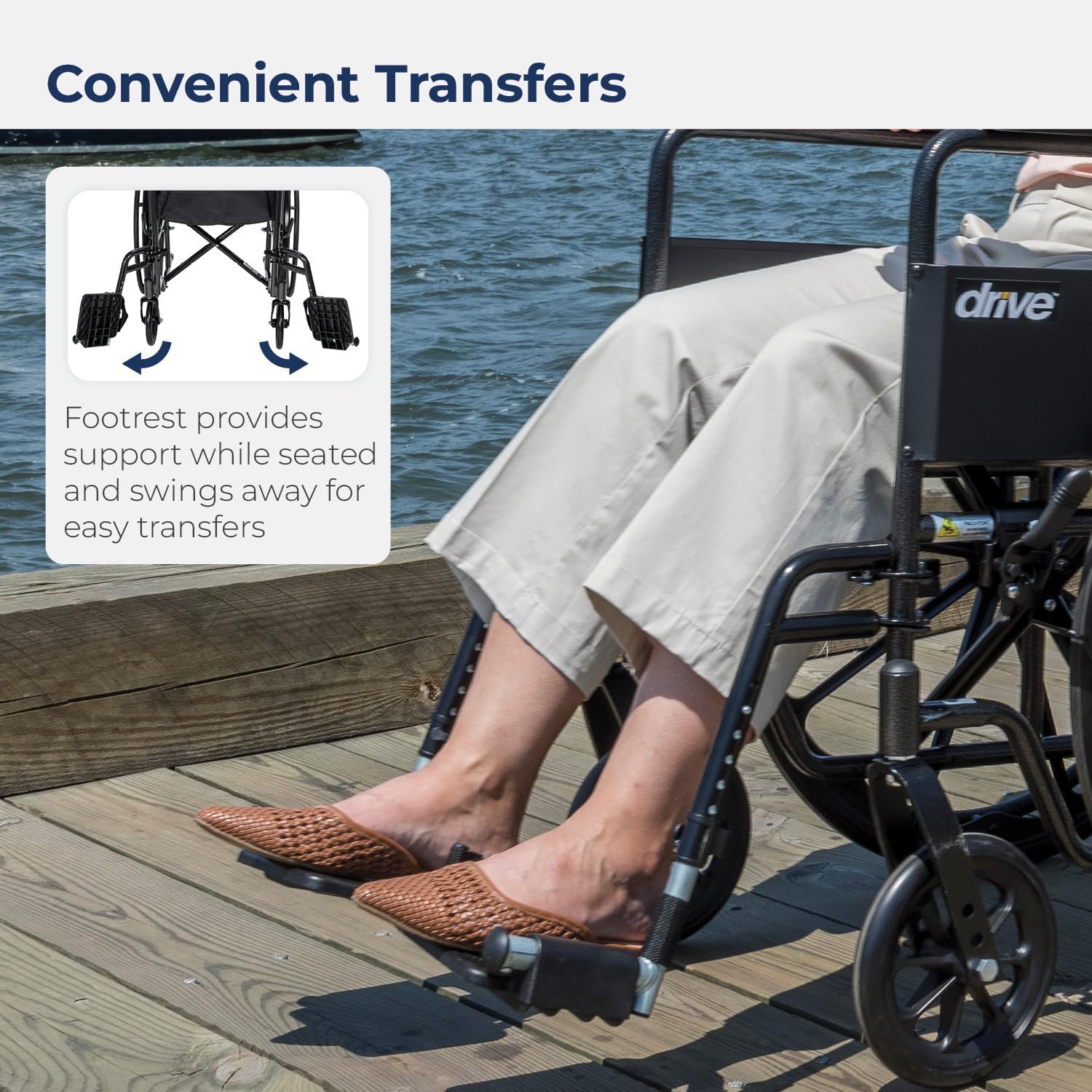 Drive Medical Wheelchair – Fixed Arms, Swing-Away Elevating Leg Rests, 8" Front Wheels, 300 lb Capacity, Model 10965C