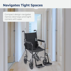 17-inch transport wheelchair front view with footrests attached