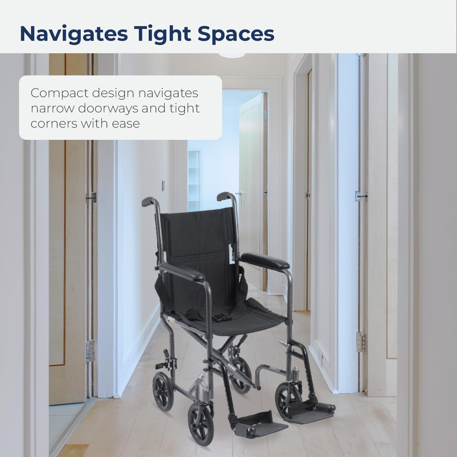 17-inch transport wheelchair front view with footrests attached