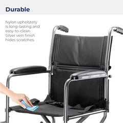 transport wheelchair side angle showing wheels and frame