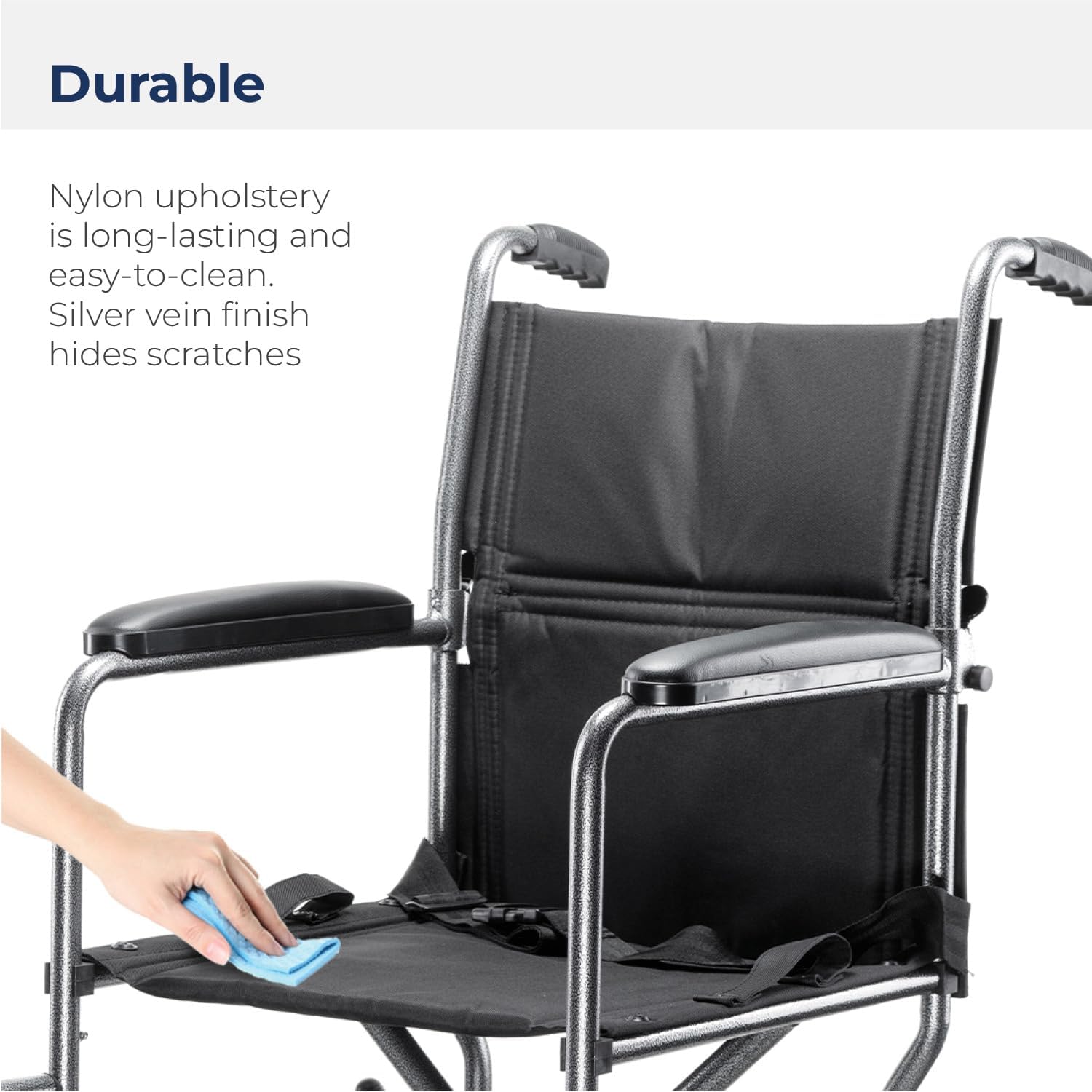 transport wheelchair side angle showing wheels and frame