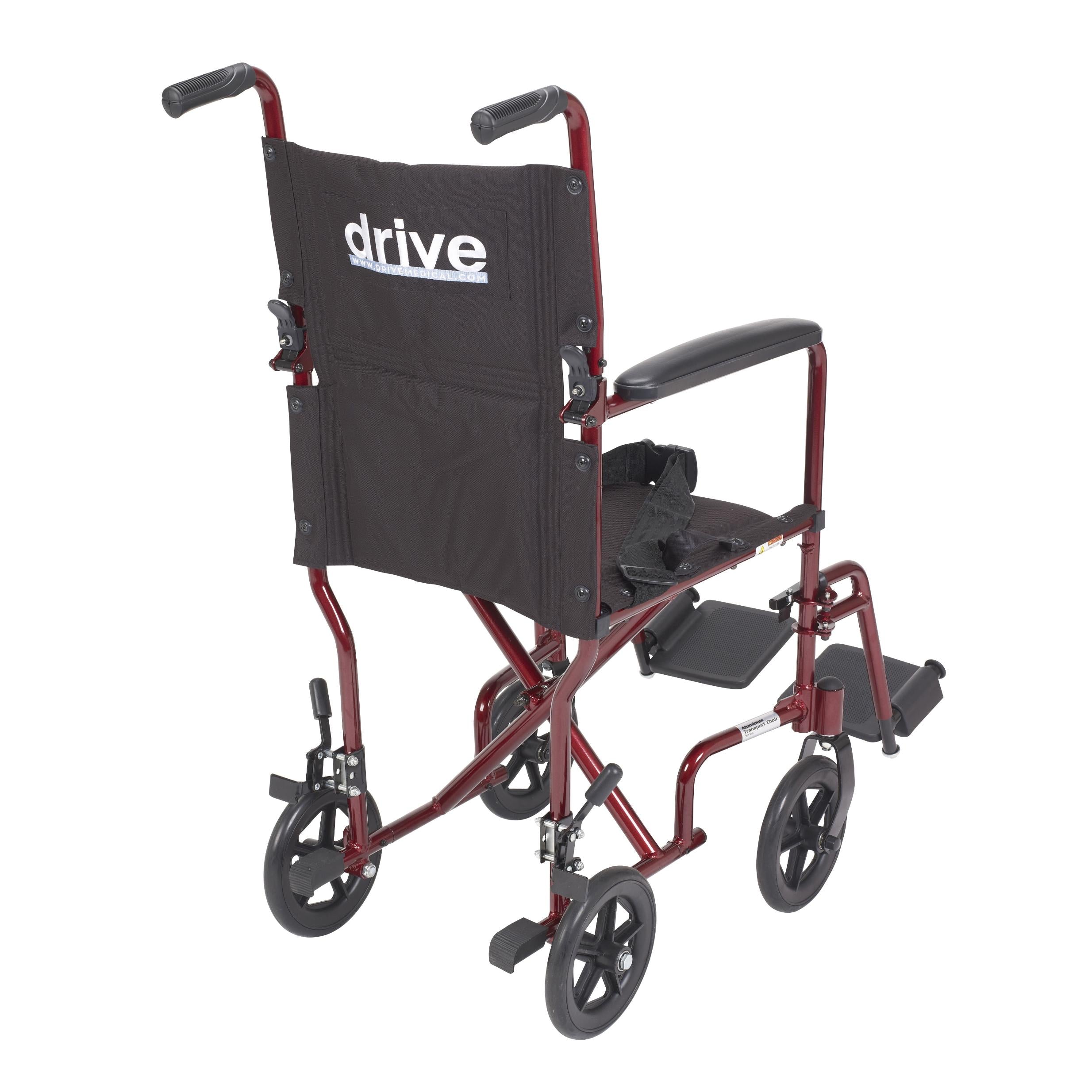 Red lightweight transport wheelchair 17 inch seat angled view