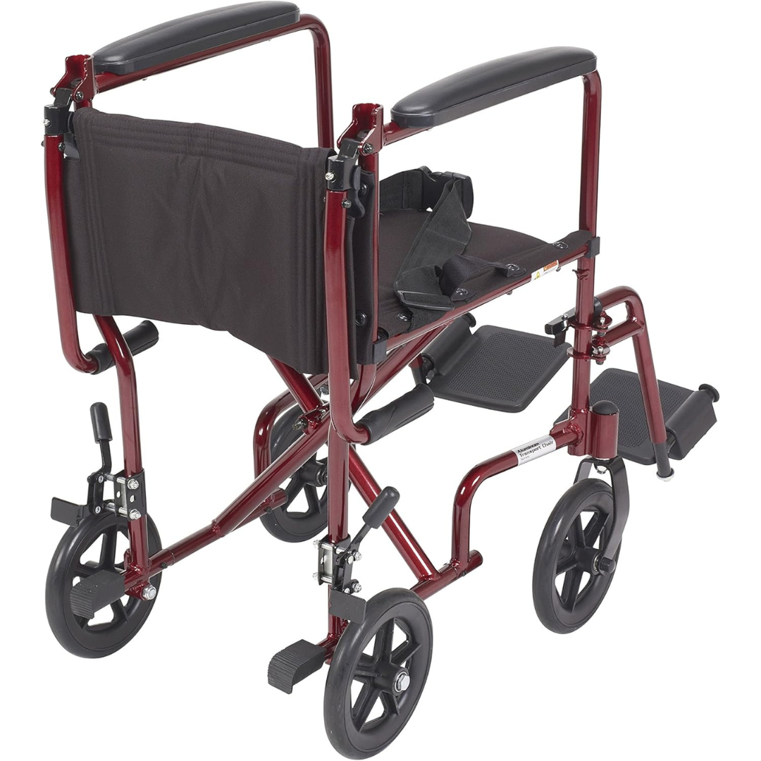 Drive Medical Transport Lightweight Red Wheelchair with Padded armrests and swing-away footrests ,Composite 8" Wheels ,300 lbs Weight Capacity ,19" (W) x 16" (D) ,10950J