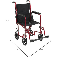 Drive Medical Transport Lightweight Red Wheelchair with Padded armrests and swing-away footrests ,Composite 8" Wheels ,300 lbs Weight Capacity ,19" (W) x 16" (D) ,10950J