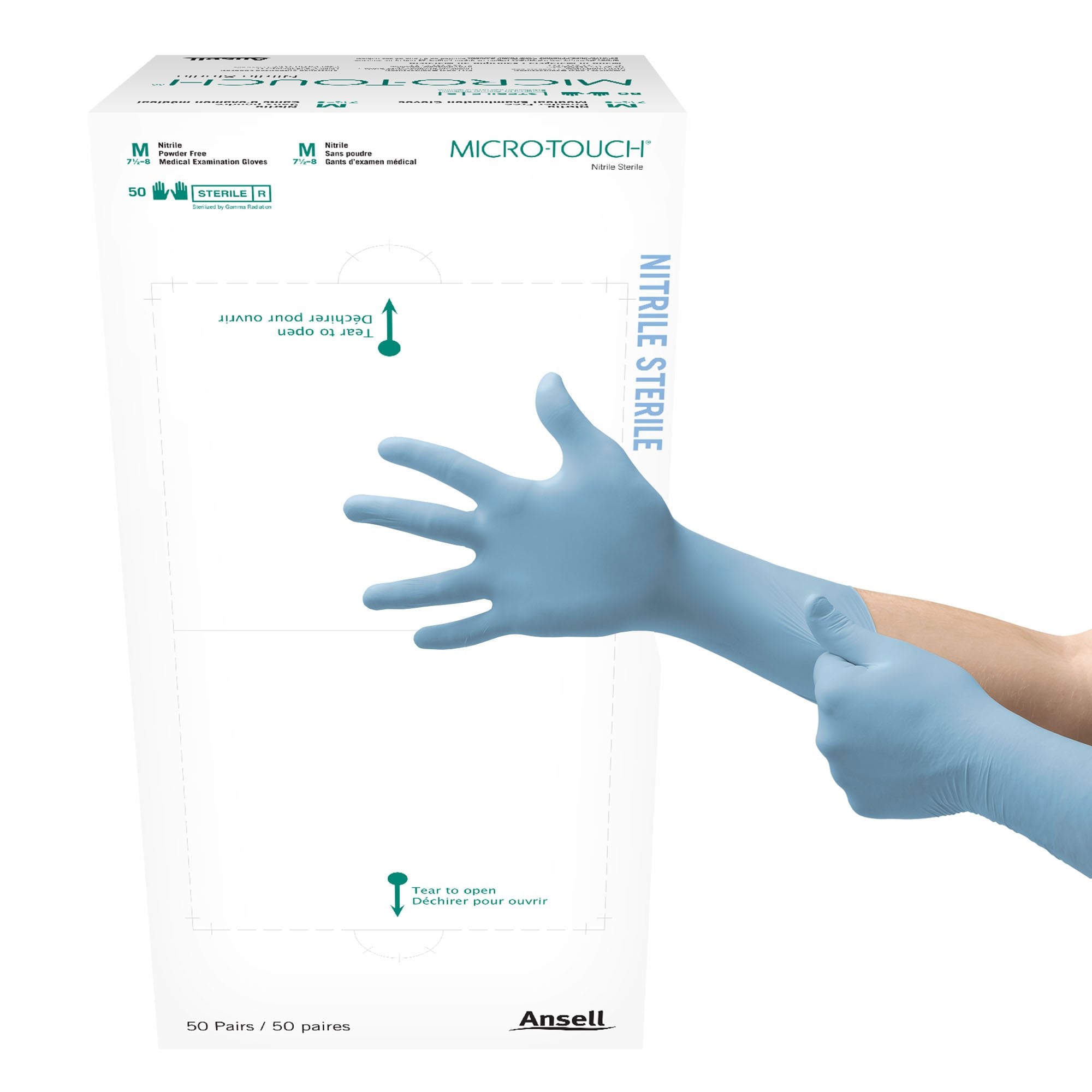 Exam Glove Micro Touch Medium Sterile Pair Nitrile Extended Cuff Length Textured Fingertips Blue Chemo Tested