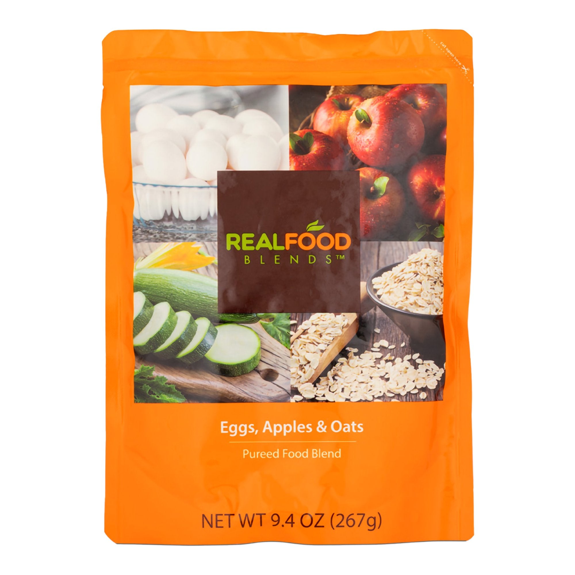 Tube Feeding Formula Real Food Blends Apples, Whole Eggs, Water, Zucchini, Falxseed Oil, Rolled Oats (Oats are certified gluten free.) Liquid 9.4 oz. Pouch