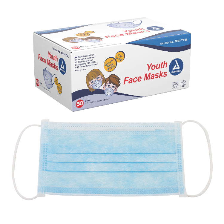Mascarillas faciales Dynarex para jóvenes, desechables para niños con filtro sin vidrio y alambre nasal, paquete de 12 (caja por caja)