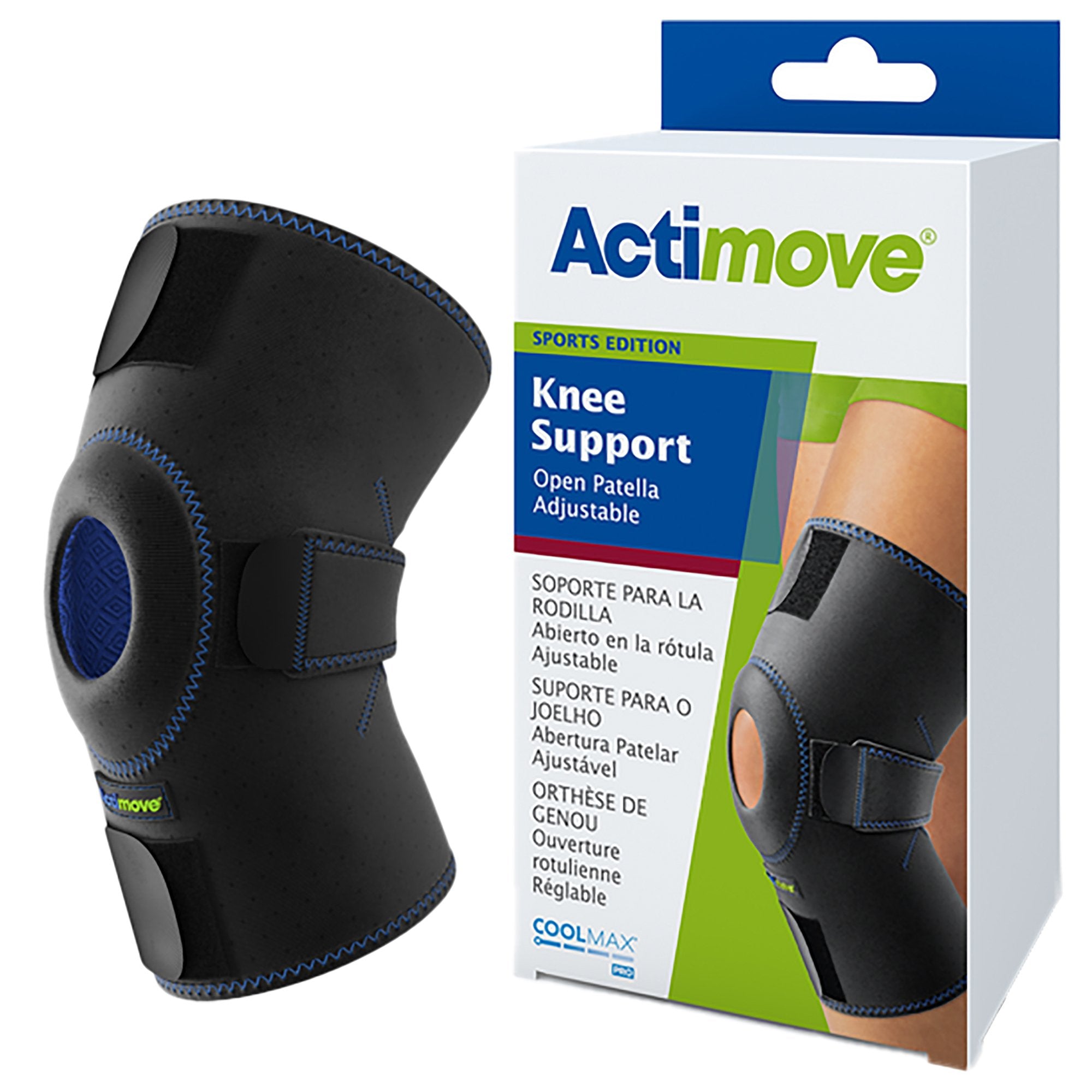Knee Support Actimove Sports Edition One Size Fits Most Pull On / Hook and Loop Strap Closure 11 1/2 to 16 1/8 Inch Knee Circumference Left or Right Knee
