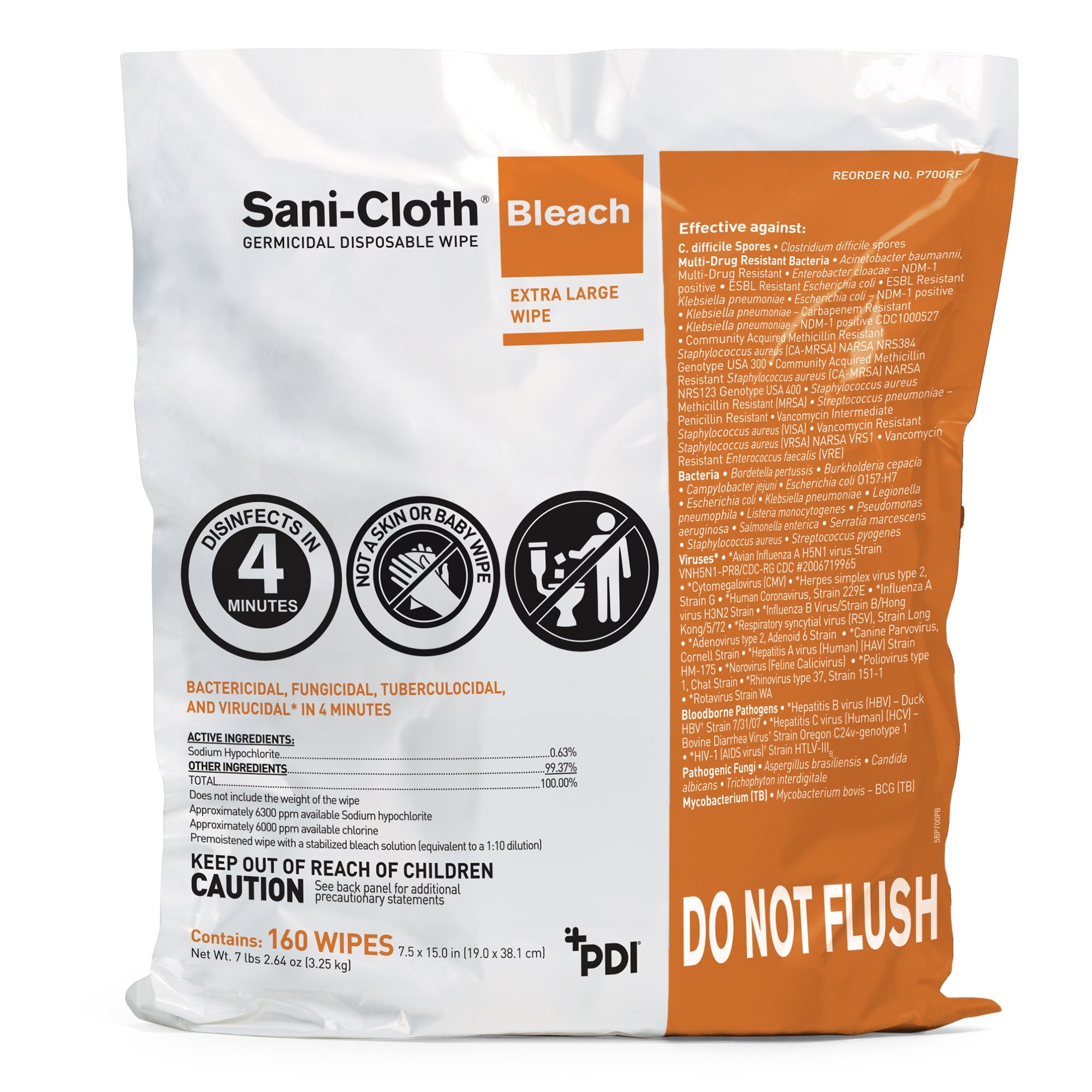Sani Cloth Bleach Surface Disinfectant Cleaner Refill Premoistened Germicidal Manual Pull Wipe 160 Count Bag Chlorine Scent NonSterile