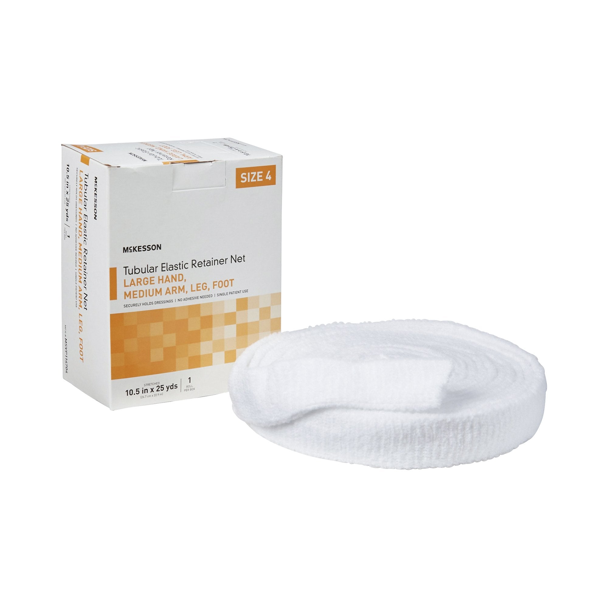 Elastic Net Retainer Dressing McKesson Tubular Elastic 10 1/2 Inch X 25 Yard (26.7 cm X 22.9 m) Size 4 White Large Hand / Medium Arm / Leg / Foot NonSterile