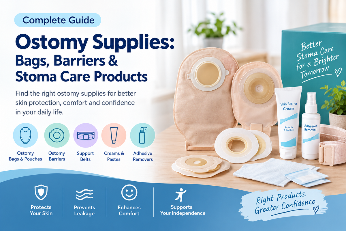 Ostomy supplies including colostomy bags, stoma pouches, skin barriers, ostomy support belts, creams, and adhesive removers for daily stoma care.