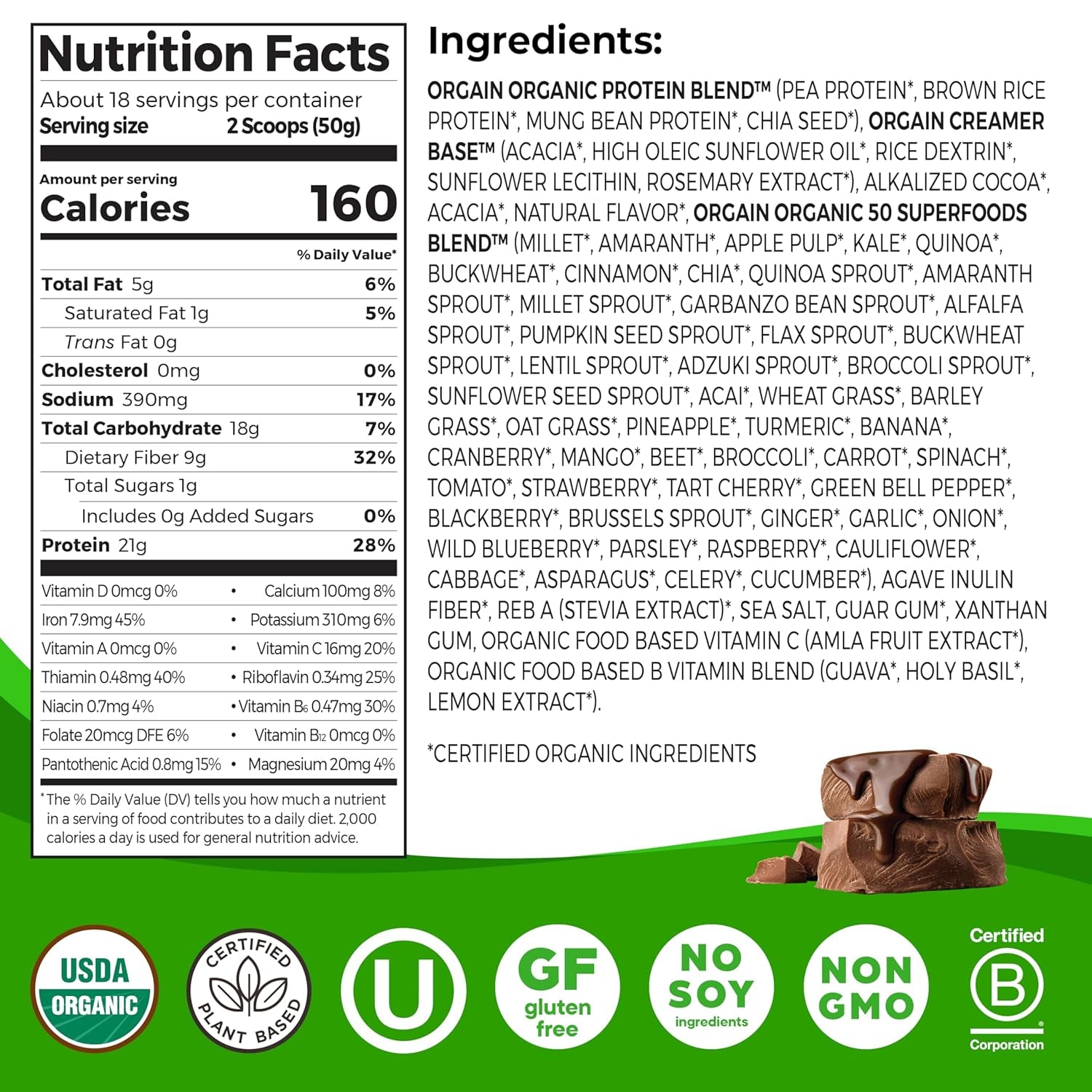 Organic Vegan Protein + 50 Superfoods Powder, Creamy Chocolate Fudge - 21G Plant Based Protein, 10G Prebiotic Fiber, No Lactose Ingredients, Gluten Free, No Added Sugar, Non-Gmo, 2.02 Lb