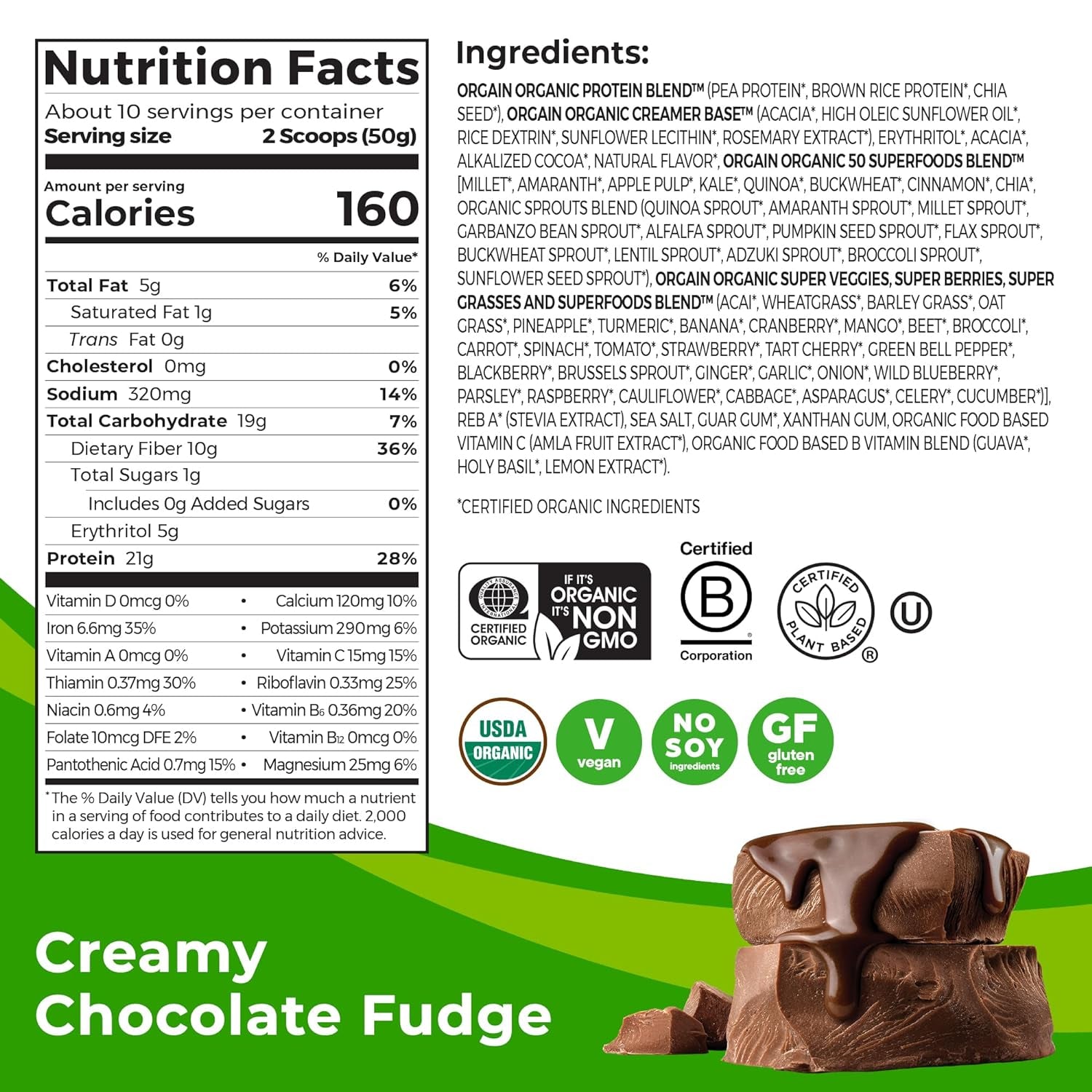 Organic Vegan Protein + 50 Superfoods Powder, Creamy Chocolate Fudge - 21G Plant Based Protein, 10G Prebiotic Fiber, No Lactose Ingredients, Gluten Free, No Added Sugar, Non-Gmo, 1.12 Lb