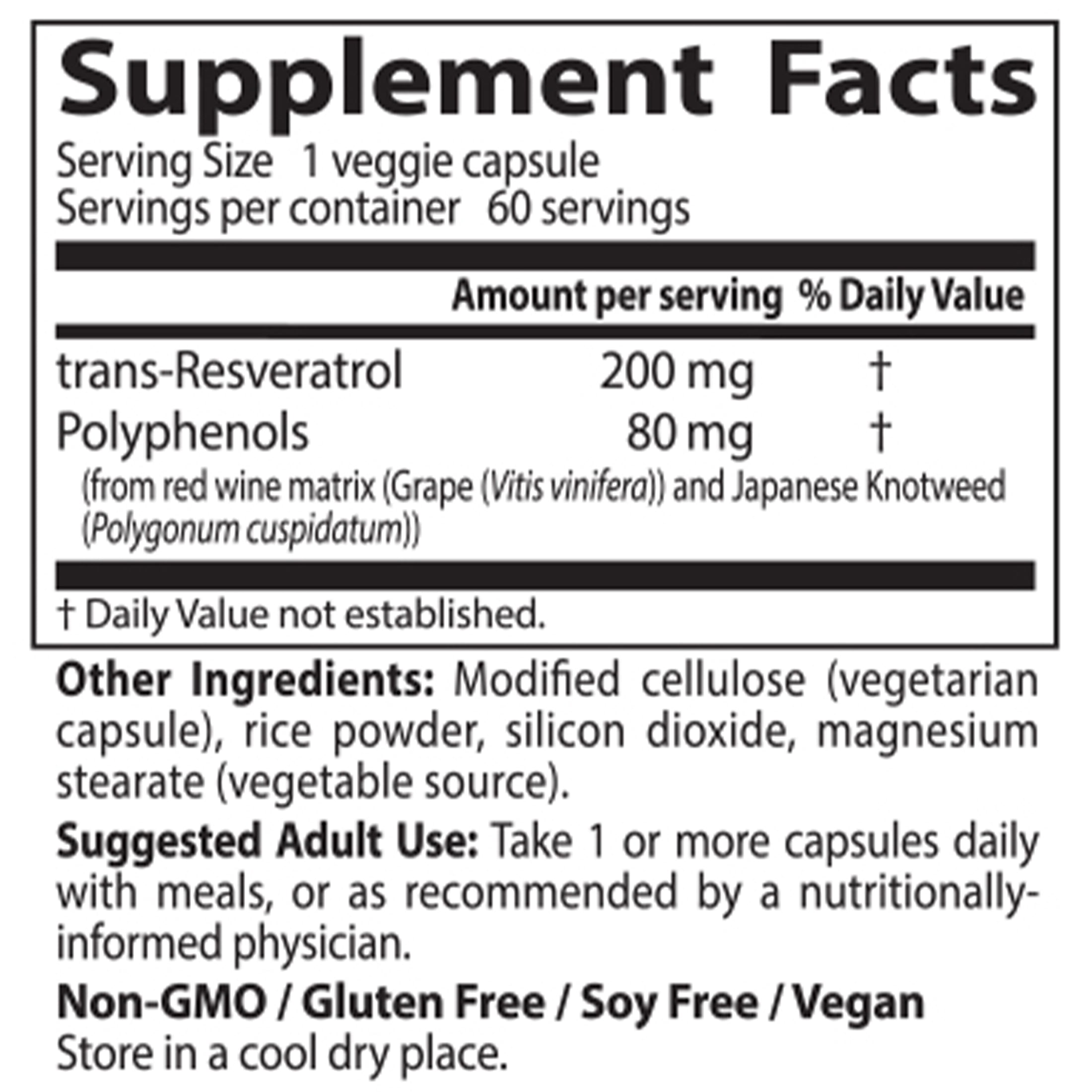 Trans-Resveratrol with Resvinol, Non-Gmo, Vegan, Gluten Free, Soy Free, 200 Mg, 60 Veggie Caps