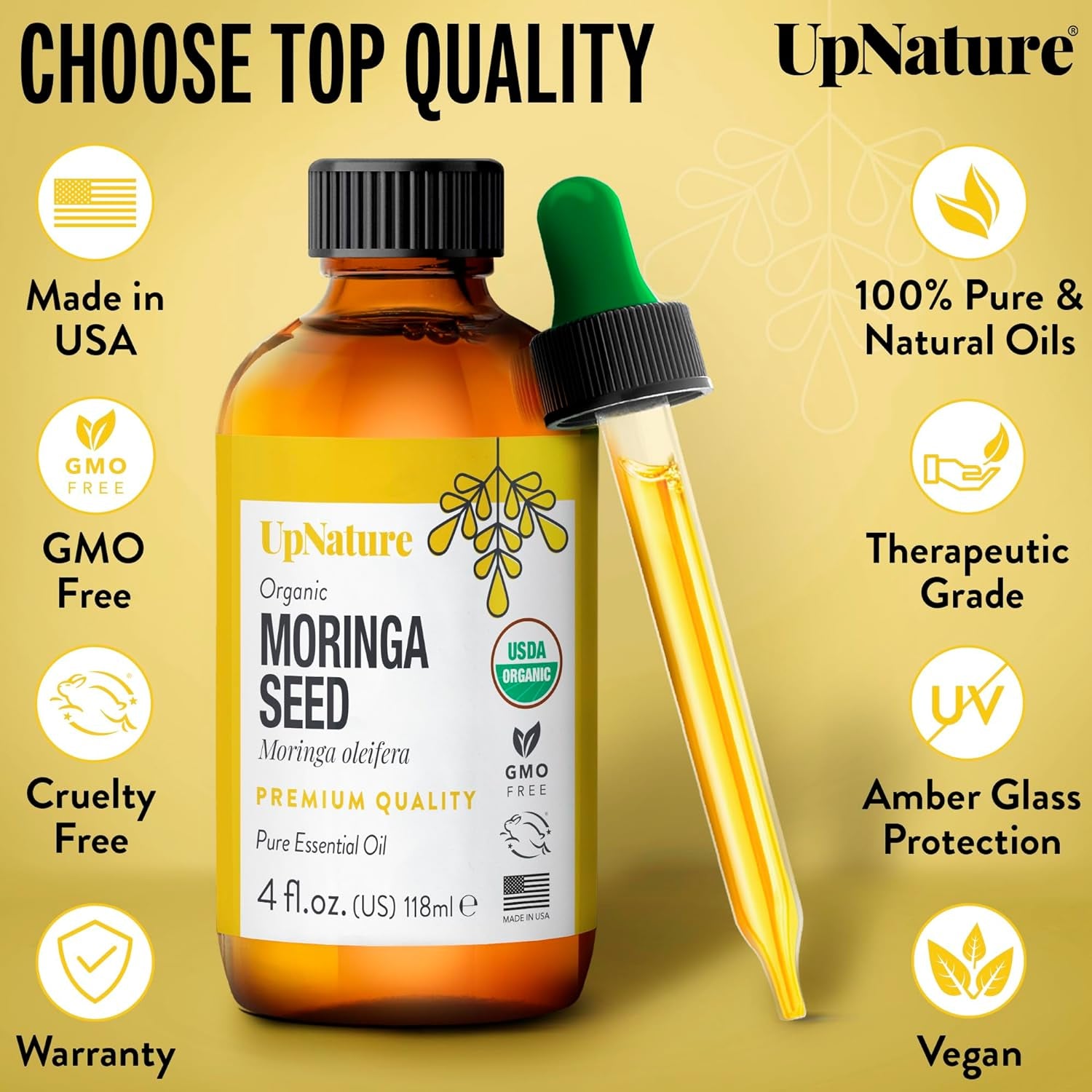 Moringa Oil Organic 4 OZ – USDA Certified Organic Moringa Seeds Oil - Moringa Oil for Face, Moringa Oleifera for Hair Growth - Therapeutic Grade, Undiluted, Non-Gmo