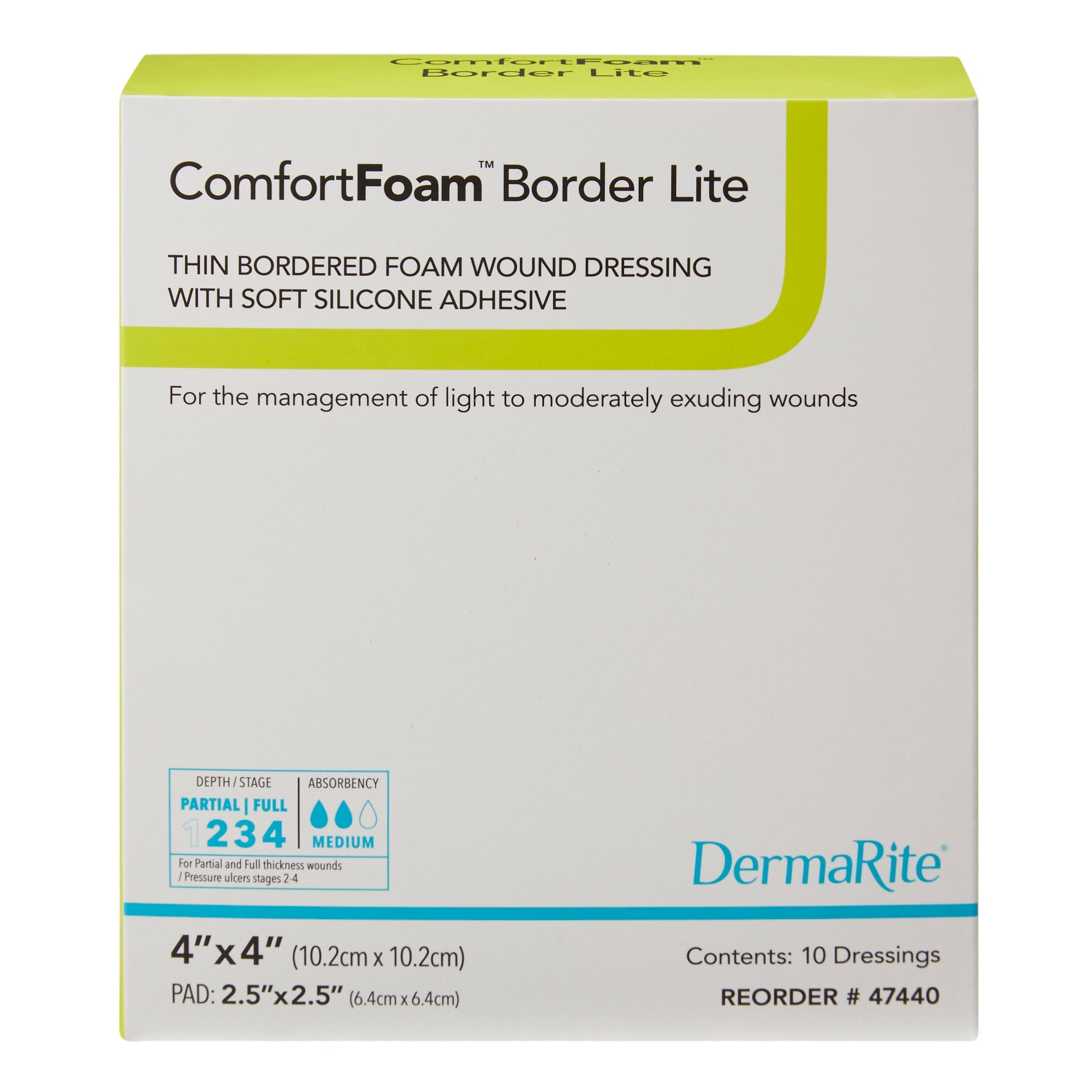 Thin Foam Dressing ComfortFoam Border Lite 4 X 4 Inch With Border Waterproof Backing Silicone Adhesive Square Sterile,Packaging Type- Box