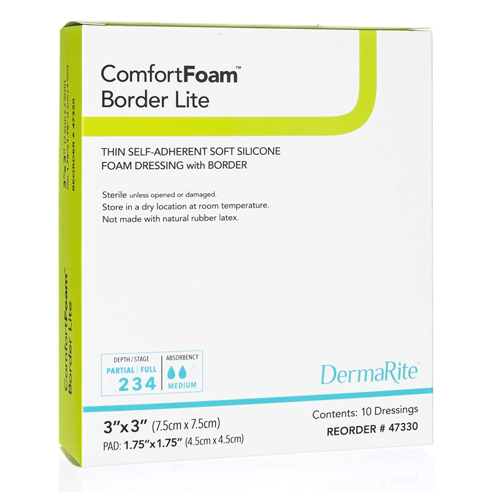 Thin Foam Dressing ComfortFoam Border Lite 3 X 3 Inch With Border Waterproof Backing Silicone Adhesive Square Sterile,Packaging Type- Box