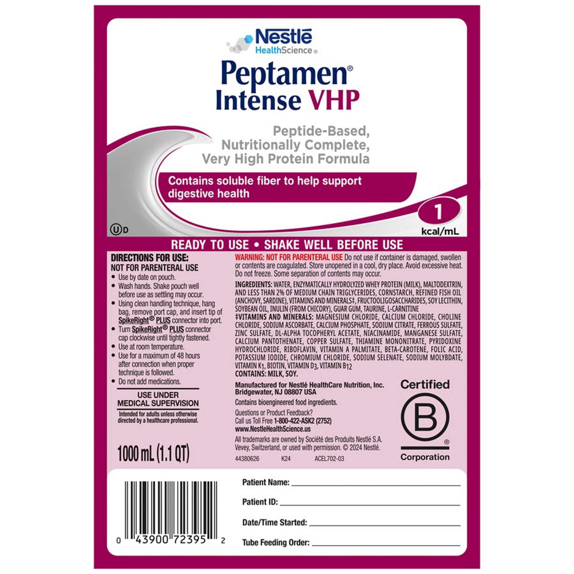Tube Feeding Formula Peptamen Intense VHP Unflavored Liquid 1000 mL Ready to Hang Prefilled Container, Packaging Type- Case